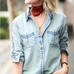 CAbi Bardot button-up denim shirt with embroidery size M